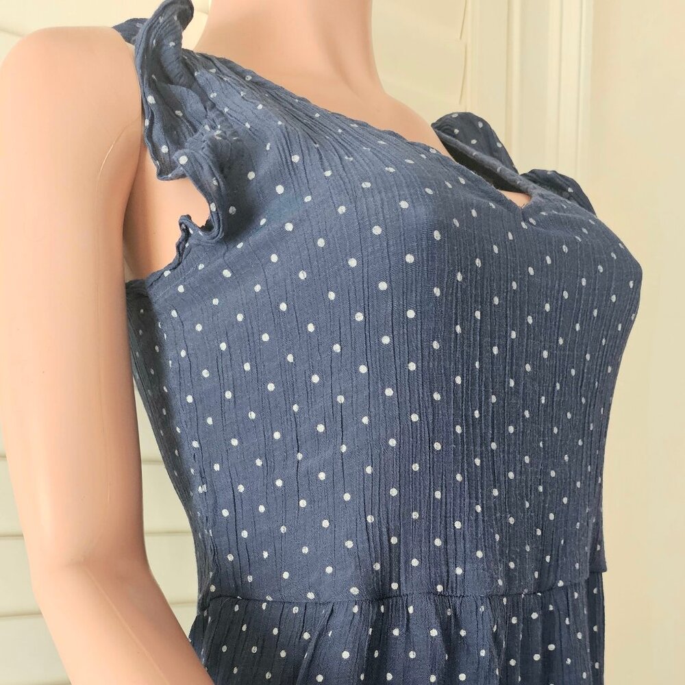 Indigo Rose medium blue midi dress, white polka-dot